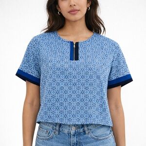 NWOT Cappagallo XL Blouse Blue Short Sleeve Gold Hardware